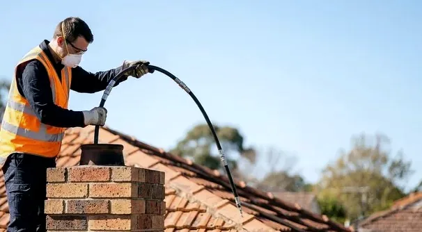 Metal chimney pipe being installed from a roof in Lake Elmo