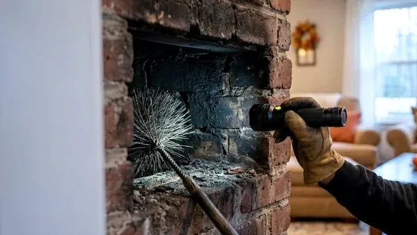 Technician inspecting a factory-built fireplace firebox in a Woodbury home