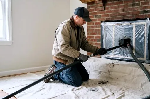 Drop cloths and vacuum during a Woodbury fireplace sweep